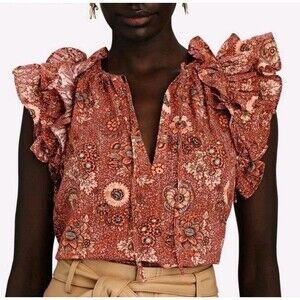 Ulla Johnson Elisa Double Ruffled Brown Red Short Sleeve Top Size 4 Cotton